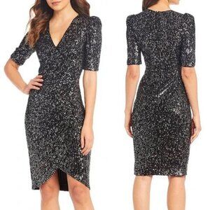 Calvin Klein Black Sequins Faux Wrap V-Neck Tulip Hem Dress - 20674